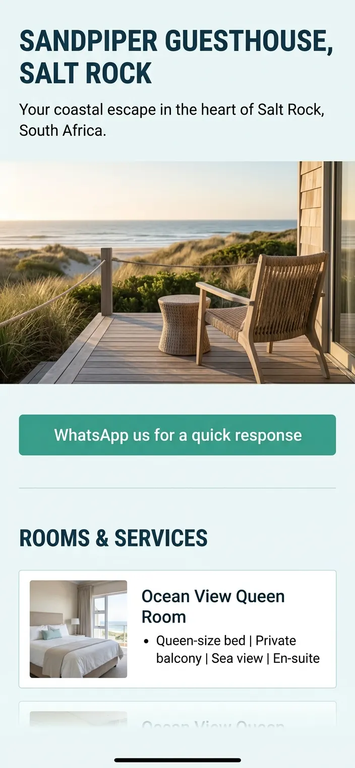 A single-page website for a Ballito guesthouse, shown on a phone